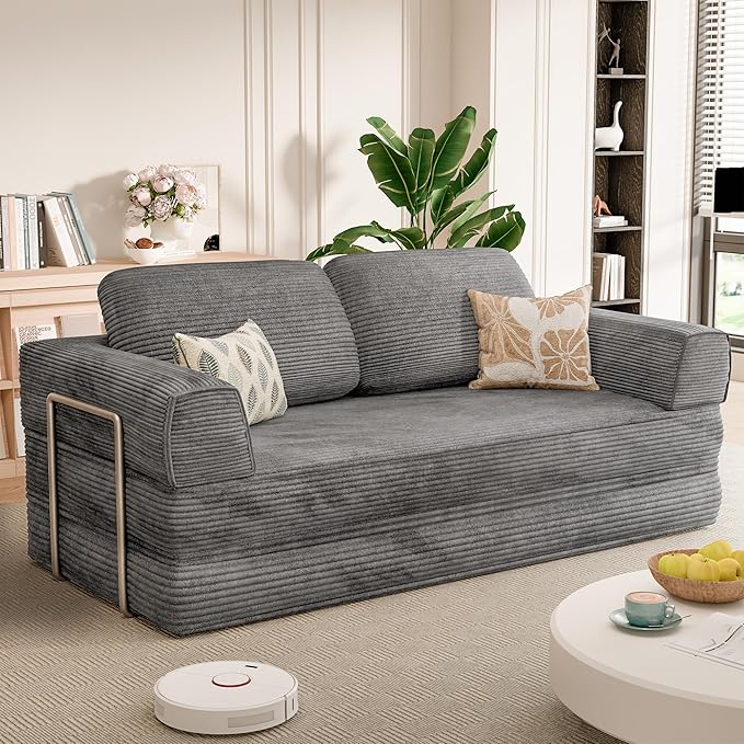 Homall 4-in-1 Convertible Sofa Bed, Oversized Boneless Couch with 4 Frame Kits and Removable Armrests, Corduroy Sleeper Sofa with 2 Pillows for Small Space, No Assembly Required (Gray)
