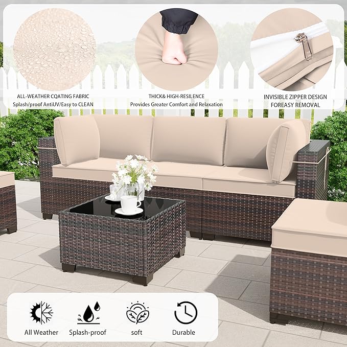 7 Pieces Outdoor Patio Furniture Set,Outdoor Sectional Furniture All Weather PE Rattan Wicker Patio Conversation Set with Coffee Table and 6 Thickened Cushions,Sand