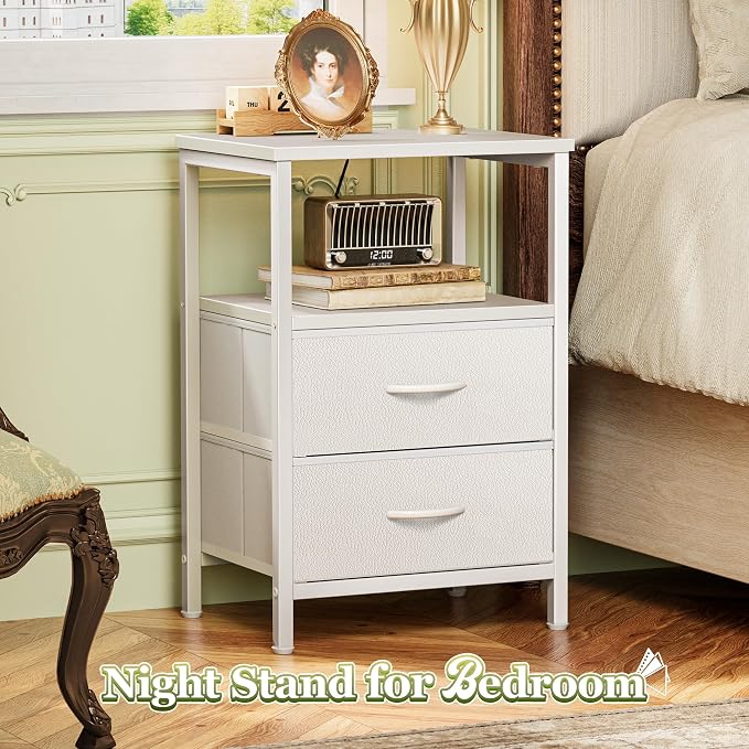 Huuger Night Stand Set of 2, Nightstand with 2 Drawers, Bed Side Table with Open Shelf, Wooden Top, End Table, PU Leather Fabric Drawer Surface, for Bedroom, White - Image 4