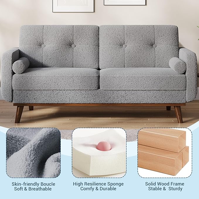 IDEALHOUSE 65" Mid Century Modern Couch Sofa Loveseat, Comfy Love Seat Couches for Living Room, 2 Seater Teddy Fleece Boucle Upholstered Deep Seat Couch for Bedroom Office Small Space, Grey