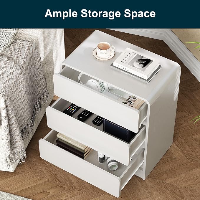 RoyalCraft White 3 Drawer Nightstand, Modern Night Stand with Drawers, Wood End Table with Storage and Curved Design, Small Dresser for Bedroom, Home Office, Entryway - Image 3