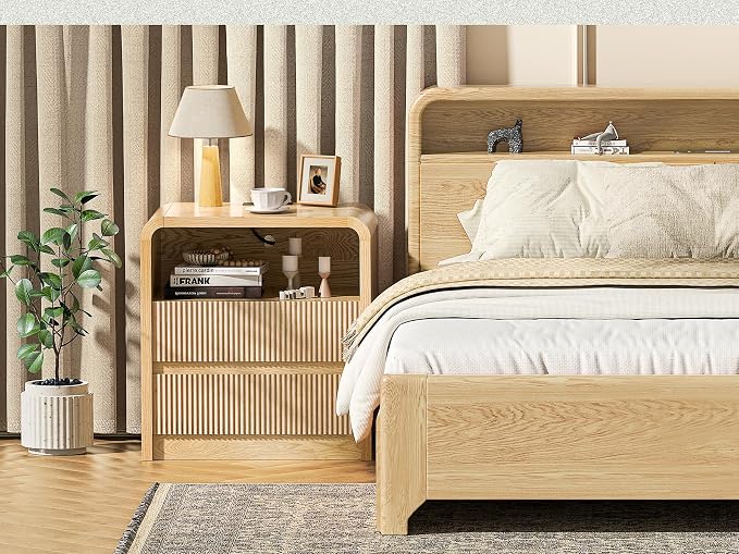 Modern Fluted Night Stand with Charging Station, 25" Tall Wood Nightstand Bedside Table with 3 Drawers & USB Ports, Mid-Century End Table for Bedroom (1, Nature Fluted, 2 Drawers) - Image 9