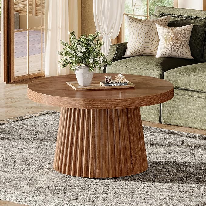 Tribesigns Coffee Table, 31.5" Small Farmhouse Round Coffee Tables with Fluted Drum Base, Mid Century Modern Farmhouse Accent Center Table for Living Room, Apartment, Small Space, Walnut