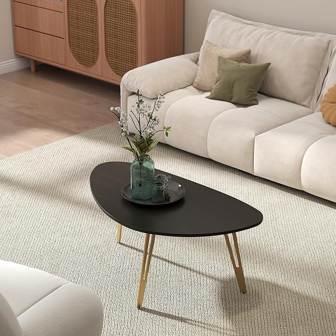 Manora Simple Dark Brown Oval Wood Coffee Table with Gold Legs, Modern Tea Table for Living Room or Office, Cute Small Center Table for Compact Space