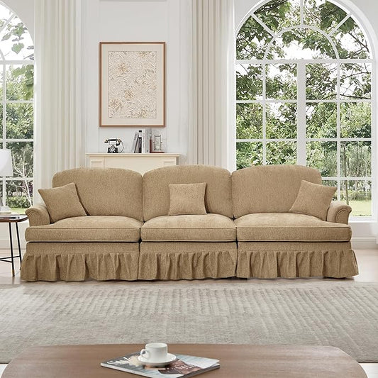 KEIKI Mid Century Modular Sofa with Flared Arms and Skirted Design, 107” Oversized 3-Seater Chenille Sectional Couches for Living Room, Apartment Size Couch, Home Sofa Bedroom Furniture, Light Coffee