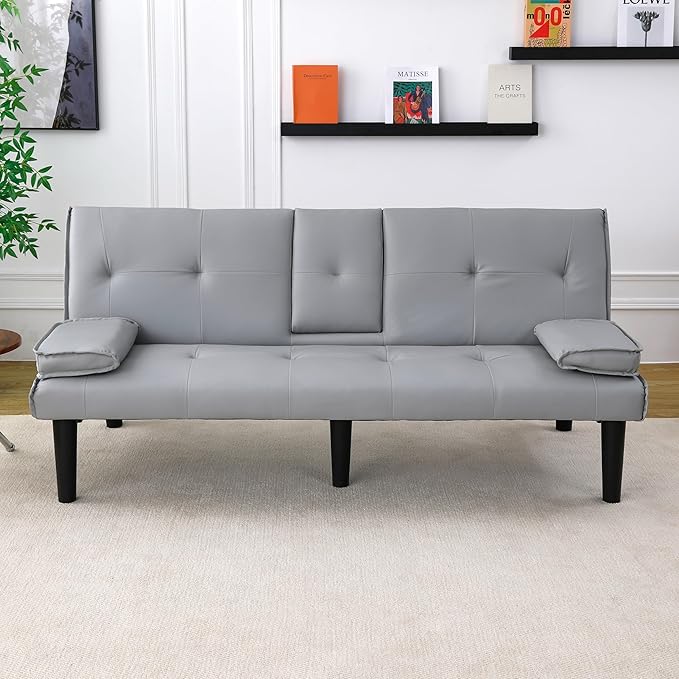 KEIKI 3 in 1 Convertible Sleeper Sofa Bed with Cup Holder, Futon Sofa for Living Room, Dorm, or Home Office, Light Gray