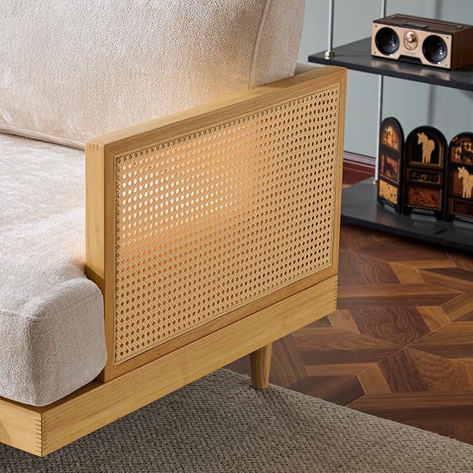 Merax 72" Spacious 2-Seater Sofa Couch with Armrests, Cane Rattan Wooden Frame Loveseat Sofa for Living Rooms, Bedrooms, Apartment, Office (Natural+Beige)