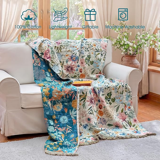 Boho Throw Blanket - 100% Cotton Ultra Soft Muslin Blanket, 60"x80" Lightweight Floral Framhouse Bedding Spring Blanket for Bed, All Season Blue Bohemian Bedroom Home Decor Quilt