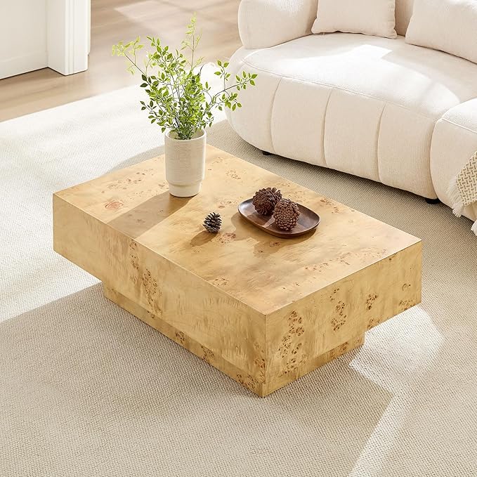 WILLIAMSPACE 43.31" Rectangle Coffee Table with Burl Wood Veneer & Sturdy Base, Modern Luxury Wood Drum Center Table Accent Side End Table for Living Room Apartment, Natural