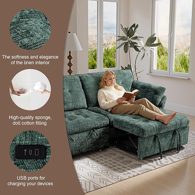 Casaphoria 3 in 1 Sleeper Sofa Bed Reclining Convertible Couch with USB & Wheels – Adjustable Lounge Chair for Living Room Apartment 3-Seater 89.8 Inch in Green