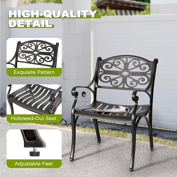 NUU GARDEN 5 Pieces Outdoor Patio Dining Set, 42" Round Cast Aluminum Dining Table with 2.24" Umbrella Hole and All-Weather 4 Outdoor Patio Dining Chairs for Patio, Garden, Backyard, Balcony, Bronze - Image 5