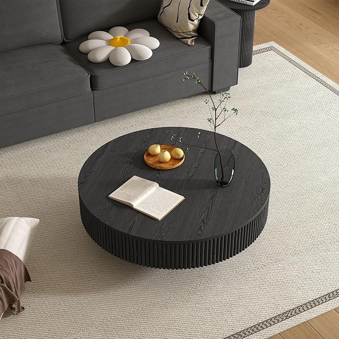 Apicizon 35'' Round Wood Table for Living Room, Mordern Fluted Coffee Table, Drum Coffee Table for Small Space, Apartment, Black
