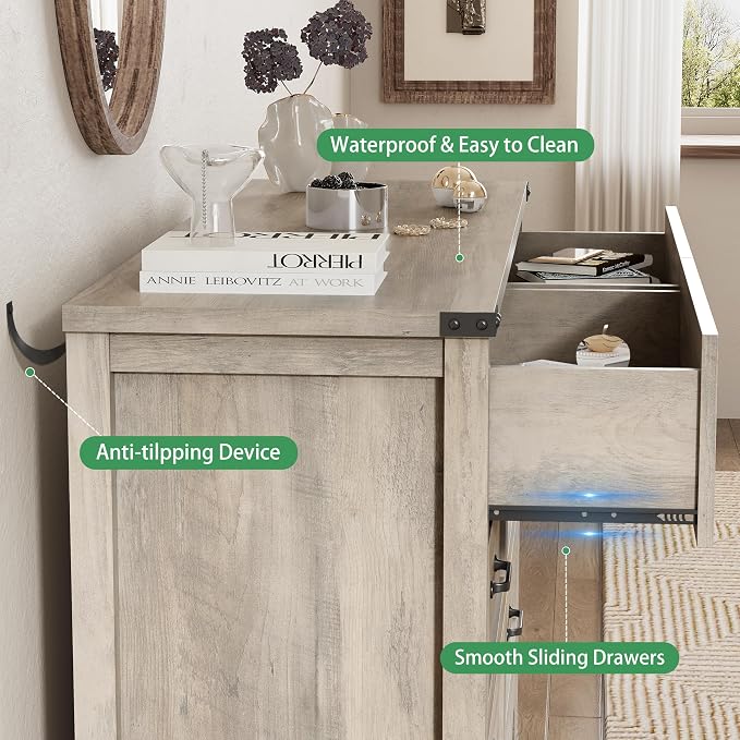 Dresser for Bedroom with 8 Drawers, 54" Wide Wood Chest of Drawers with Deep Drawers & Mental Handle, Modern Dresser TV Stand, Wooden Closet Storage Organizer for Living Room, Hallway, Entryway, Grey - Image 6