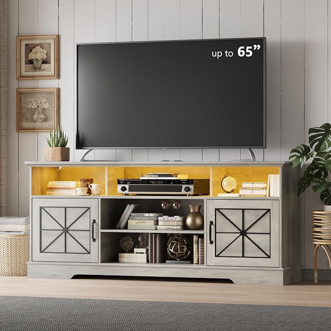 Xixini Farmhouse TV Stand for 65/60/55 Inch Tvs, Rustic Entertainment Center with LED Lights and Power Outlets, Modern Media Console Table, Wood Television Furniture for Living Room, Bedroom, Grey by Xixini