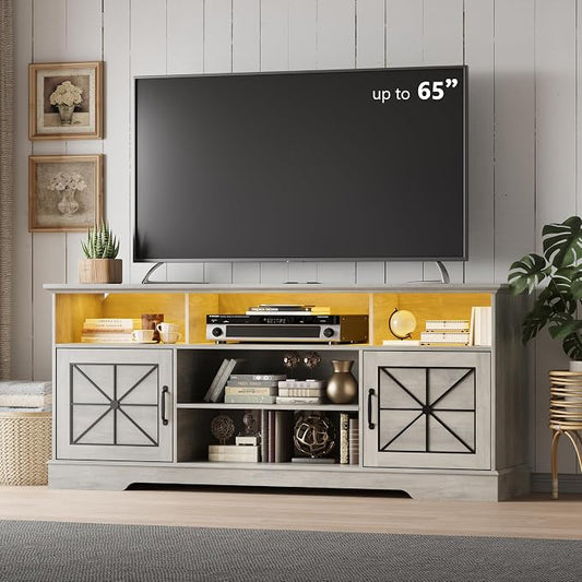 Xixini Farmhouse TV Stand for 65/60/55 Inch Tvs, Rustic Entertainment Center with LED Lights and Power Outlets, Modern Media Console Table, Wood Television Furniture for Living Room, Bedroom, Grey by Xixini