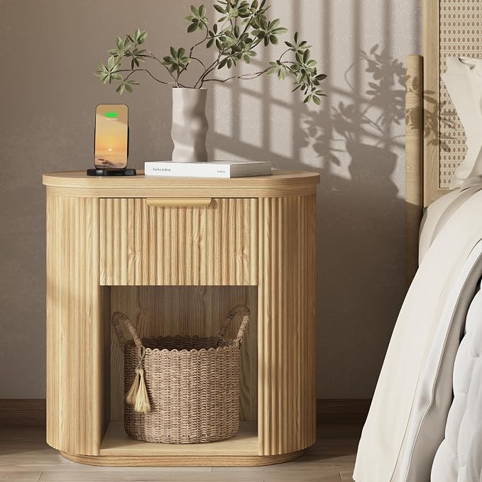 Fluted Nightstand with Charging Station, 23.6" Large Bedside Side Table with Drawer, Wood End Table with Storage, Curved Round Corner, Furniture Bedroom Sofa, Mid Century Modern, Farmhouse Boho,Oak by MECHYIN
