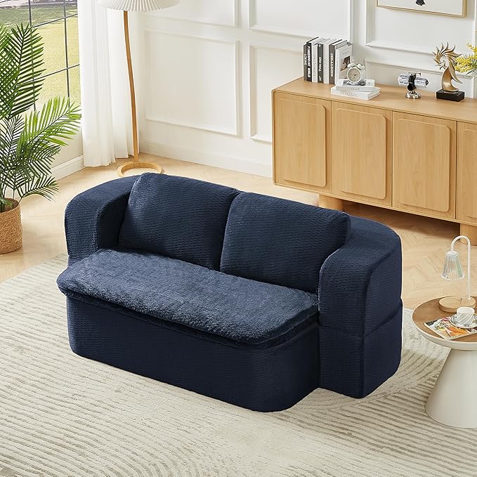 KEIKI 74.8'' Convertible Sleeper Sofa Bed, Modern Folding Futon Couch with Cushion Blanket, Floor Foam Compression Sofa Bed Couch for Living Room, Bedroom, Apartment, No Assembly Required, Dark Blue