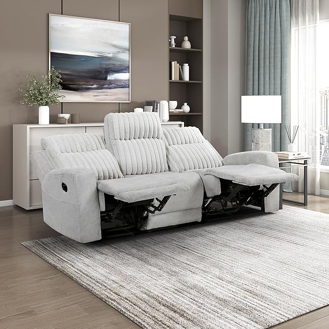 Lexicon Modern Double Recliner Couch, Manual Wall Hugger Textured Microfiber Reclining Sofa, Plush Corduroy Channel Seat Back, Manual Recliner Sofa, Light Gray