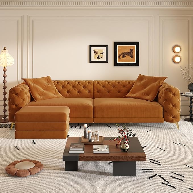 Ball & Cast 3-in-1 Convertible Sleeper Sofa with Movable Ottoman,97.7" Velvet Pull Out Sofa Bed, Modern Button Tufted 4-Seater Sofa Couch with Deep Seat for Living Room, Apartment,Office,Orange