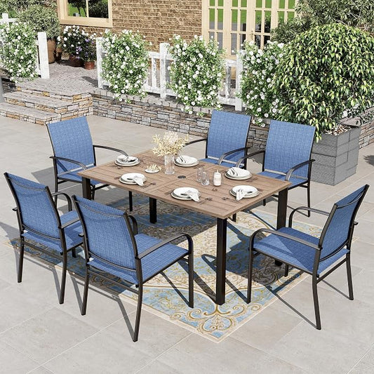 HERA'S HOUSE Patio Table and Chairs for 6, 7 Pieces Outdoor Deck Dining Sets, Wood-Like Rectangular Metal Table Set with Chairs for Lawn Garden Backyard, Blue by HERASHOUSE
