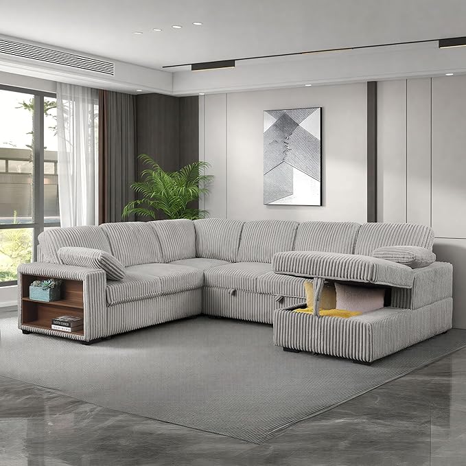 Eafurn Oversized U Shaped Convertible Sleeper Sectional Sofa w/Pull Out Couch Bed, 6 Seater Corduroy Upholstered Corner Lounge Sofa Couch Sleeper Sofabed w/Storage Chaise,Shelves