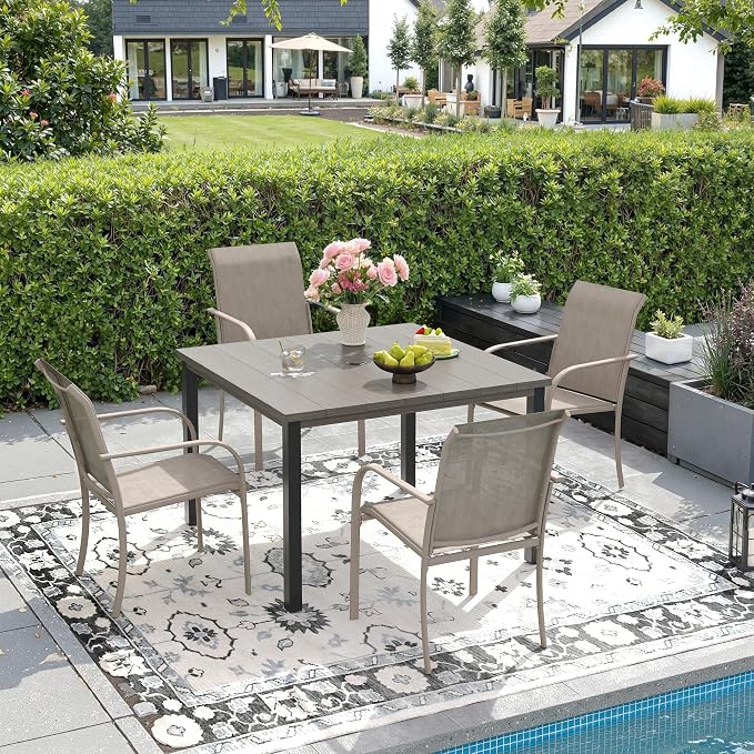 DIFY 5 Pieces Outdoor Patio Dining Set for 4, 40.2" Grey Wood-Like Square Metal Dining Table and 4 Sandshell Stackable Textilene Patio Chairs, Outdoor Table and Chairs for Backyard Garden Poolside by DIFY