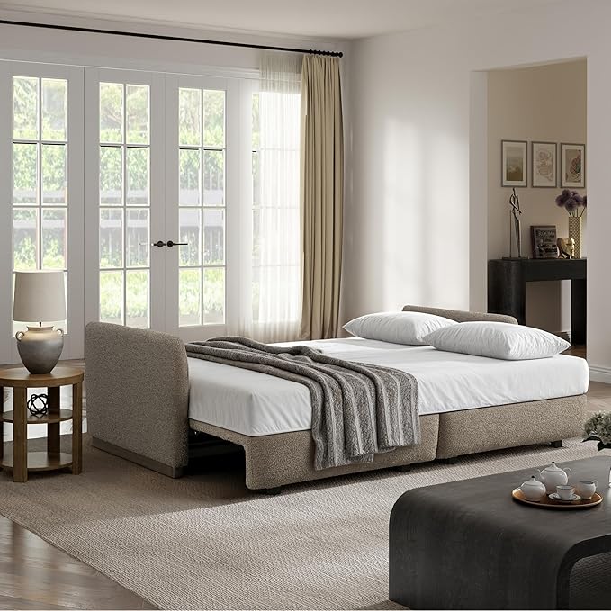 Serta Vail 86" Convertible Sleeper Sofa, Queen Size, Wall-Hugging Dreamglide Mechanism, Dreamcoil Comfort, Boucle Fabric, Brown