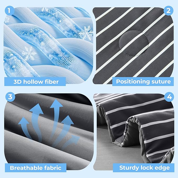 Pinstripe Cooling Comforter Twin Size, Q-Max 0.45 Reversible Striped Cooling Blanket for Hot Sleepers, Breathable Lightweight Silk Smooth Summer Bedding, Quilted Ice Blanket, Dark Gray