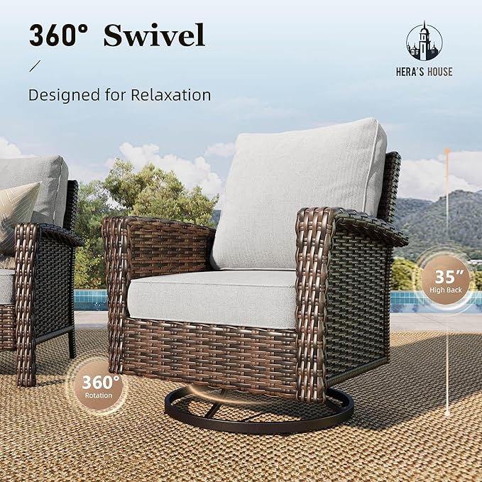 HERA'S HOUSE 8-Piece Outdoor Furniture Set with Fire Pit Table, Patio Conversation Set with 5.5" Thick Cushions & High Back Swivel Chairs, All-Weather Wicker Deep Seating Sofa with Ottomans, Grey