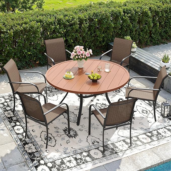 DIFY Outdoor Dining Set for 6, Patio Dining Furniture Set Includes 47.2" Walnut Round Table with Adjustable Umbrella Hole and 6 Brown Stackable Metal Chairs for Poolside, Garden, Backyard by DIFY