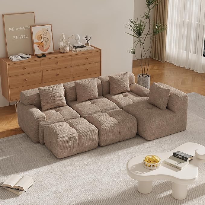 135" U-Shaped Compressed Sectional Cloud Sofa, Flannel Upholstered Modular Tufted Sofa with 6 Pieces, Symmetrical Boneless Foam Modular Cloud Couches for Living Room
