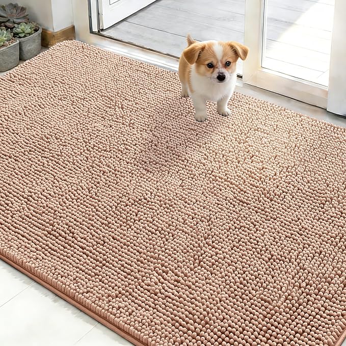 OLANLY Dog Door Mat for Muddy Paws 48x30, Absorbs Moisture and Dirt, Absorbent Non-Slip Washable Doormat, Quick Dry Chenille Mud Mat for Dogs, Entry Indoor Entryway Carpet for Inside Floor, Peach by OLANLY
