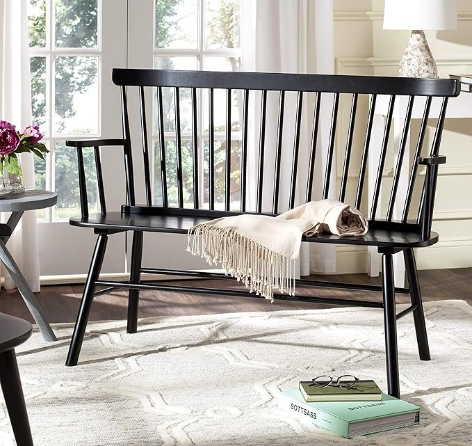 SAFAVIEH Home Collection – Addison Black Solid Wood Spindle Back Loveseat Bench, Farmhouse Settee for Entryway Living Room or Dining Area (AMH8513A)