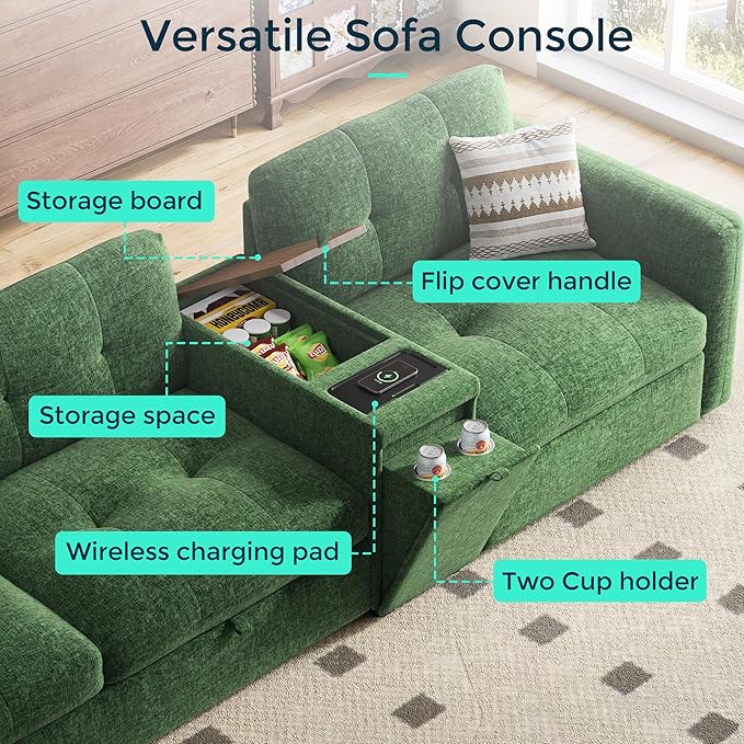 167" Oversized Modular Sofa with Versatile Console, U Shaped Sectional Couch with Storage Seats and Chaise, Comfy Chenille Cloud Couches with Adjustable Armrest for Living Room Apartment, Green