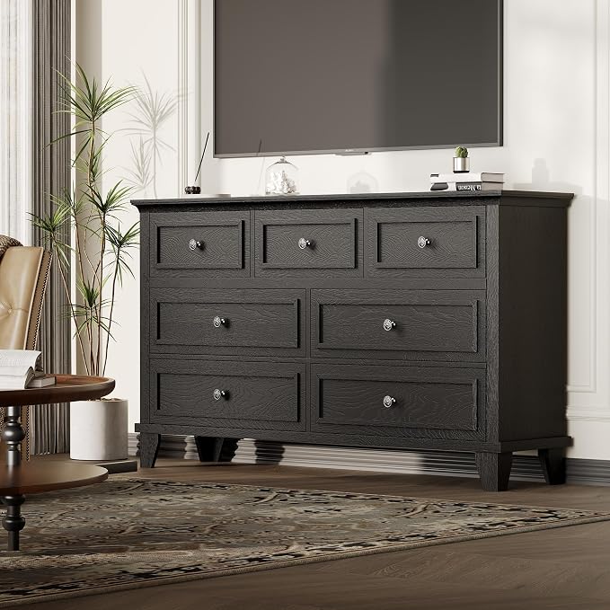 GAOMON Black Dresser, 7 Drawer Dresser for Bedroom, 47" W Chest of Drawers with Deep Drawers, Closet Dressers with Metal Handle, Thickened Desktop, Wood Rustic Drawers for Hallway, Entryway, Closet - Image 3