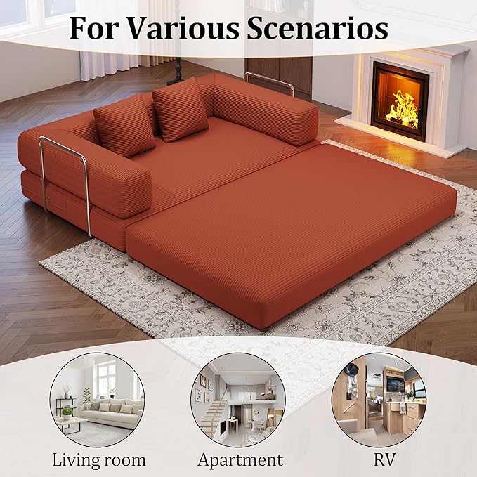 4-in-1 Foldable Sofa Bed Teddy Fabric Foam-Filled Compressed Couch, Convertible Loveseat Sofa, Boneless FoldingSleeper for Living Room, Guest Bed, Playroom (Orange, 59” 2 Seat)
