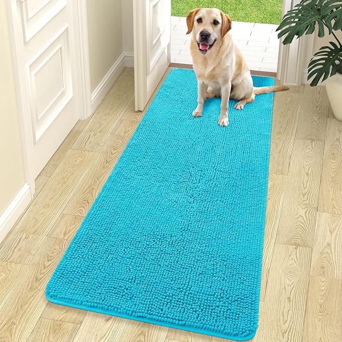 OLANLY Dog Door Mat for Muddy Paws 70x24, Absorbs Moisture and Dirt, Absorbent Non-Slip Washable Doormat, Quick Dry Chenille Mud Mat for Dogs, Entry Indoor Entryway Carpet for Inside Floor, Aqua Blue by OLANLY