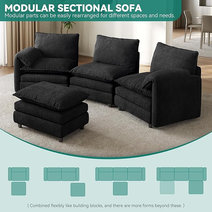 DWVO 108" Modular Sectional Sofa, Modern L Shaped Couch with Movable Ottoman, Pillow-Armrest, Velvet 4 Deep Seat Cloud Couch for Living Room, Black
