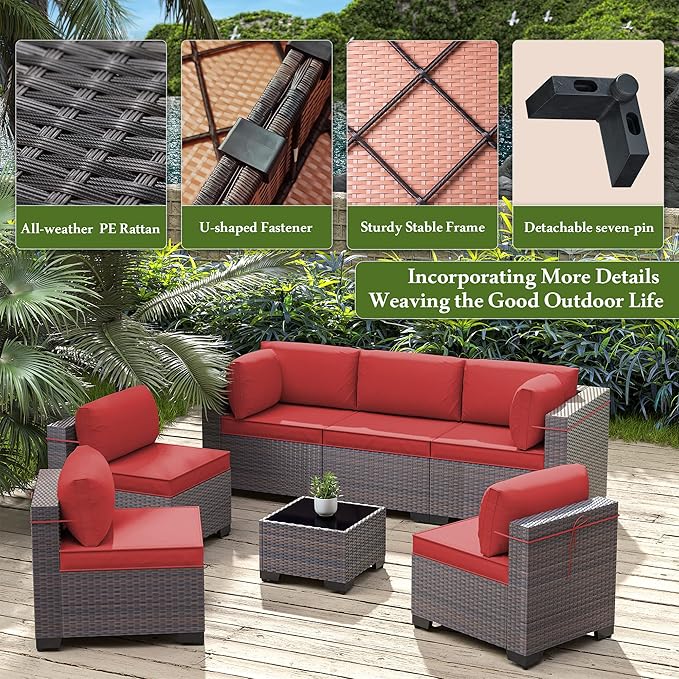 9 Pieces Outdoor Patio Furniture Set,Outdoor Sectional Furniture All Weather PE Rattan Wicker Patio Conversation Set with Coffee Table and 8 Thickened Cushions,Red