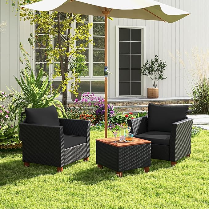 ORALNER 3 Pieces Patio Furniture Set, Outdoor Wicker Conversation Chairs with Cushion, Acacia Coffee Table, Rattan Bistro Set for Balcony Garden Backyard Front Porch Poolside (Black)