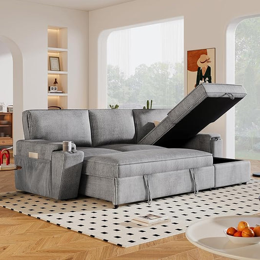 Modern Reversible Sleeper Sectional Sofa W/Pull Out Couch Bed and Large Capacity Storage Chaise, L-Shaped Corduroy Upholstered Sofa&Couch Convertible Sofabed with Hidden Cupholders for Living Room
