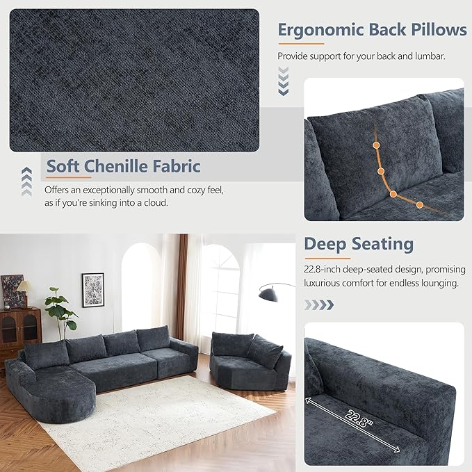 Ball & Cast Oversized Modular Sectional Sofa Cloud Couch,141.7" Modern Upholstered Couch w/Deep Seat Comfy Couches,Minimalist Sleeper Sofas,for Living Room,Apartment,Grey