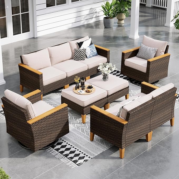 Sophia & William Patio Furniture Set with Swivel Chairs, 9 Piece Outdoor Sectional Furniture Wicker Modular Sofa Couch, Conversation Set for Deck Backyard Lawn, Beige