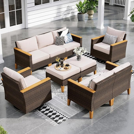 Sophia & William Patio Furniture Set with Swivel Chairs, 9 Piece Outdoor Sectional Furniture Wicker Modular Sofa Couch, Conversation Set for Deck Backyard Lawn, Beige