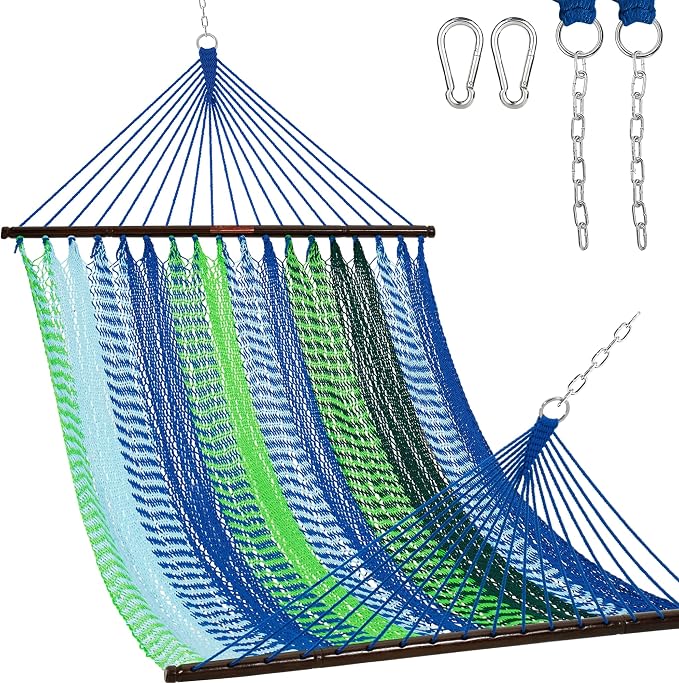 Lazy Daze Hammocks 10.5 FT Double 2 Person Caribbean Rope Hammock, Hand Woven Polyester Hammock with Spreader Bars, for Outside Outdoor Backyard Patio Poolside, 450 LBS Capacity, Blue/Green by LazyDazeHammocks