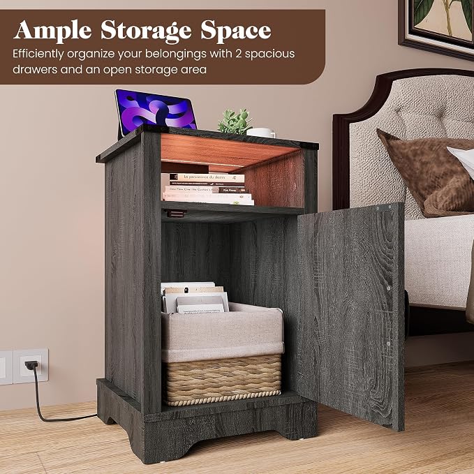 RoyalCraft Farmhouse Nightstand Set of 2, End Table with LED Lights and Charging Station, Tall Bedside Table with Large Storage and Shelf, Wooden Side Table for Bedroom, Home Office, Dark Grey - Image 4