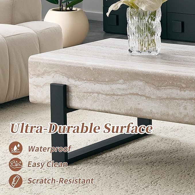 Modern Marble Coffee Table for Living Room Stone Travertine Coffee Tables Rectangle Center Table with Metal Legs