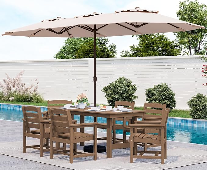 SERWALL 8-Piece Patio Dining Sets with 15FT Double Side Patio Umbrella, Outdoor HDPE Dining Furniture Set with Umbrella Hole Cut-Out Table and 6 Chairs, Brown（Umbreall Base not Included） by SERWALL