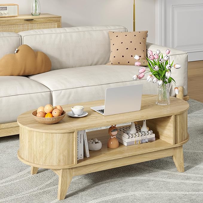 46.45'' Oval Coffee Tables for Living Room, Mid Century Modern Coffee Table with Storage, Wood Fluted Accent Center Table with Flip-Top Lids for Home,Office (Wood Color)