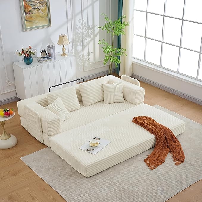 Convertible Sleeper Sofa Bed with Cylindrical Pillow, 3 in 1 Corduroy Folding Mattress Couch,Floor Sofas Lounge Couches w/Fixed-Shape Frame for Living Room,Ivory